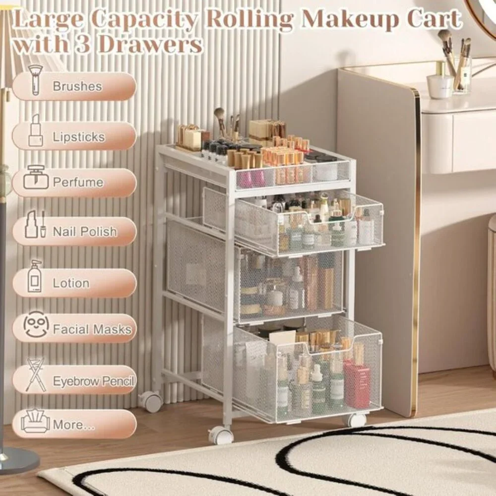 New Rolling Makeup Cart Organizer, 3-Drawer White Vanity Storage with Wheels